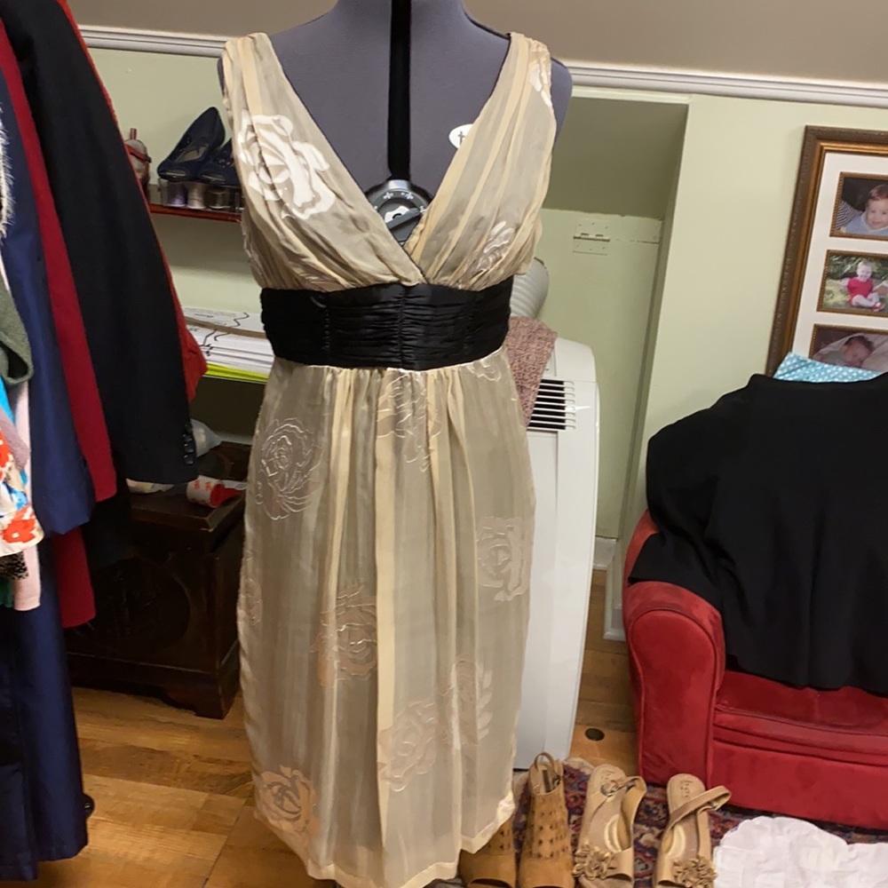 Jonathan Martin silk dress, sheer ivory floral body, black waist, size 10.  EUC.